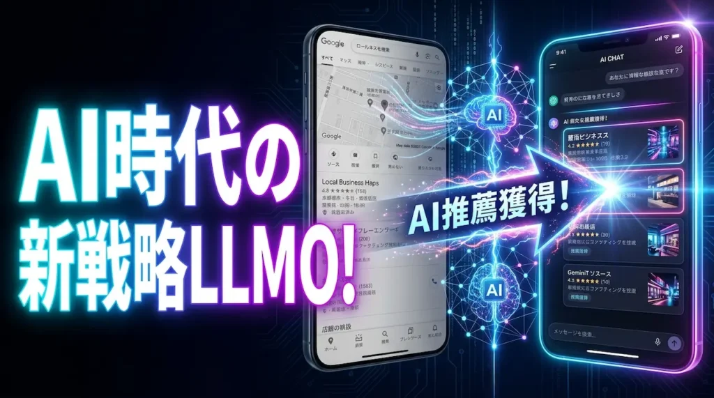 AI時代の新集客戦略LLMO対応でChatGPTに推薦される方法を示す未来型図