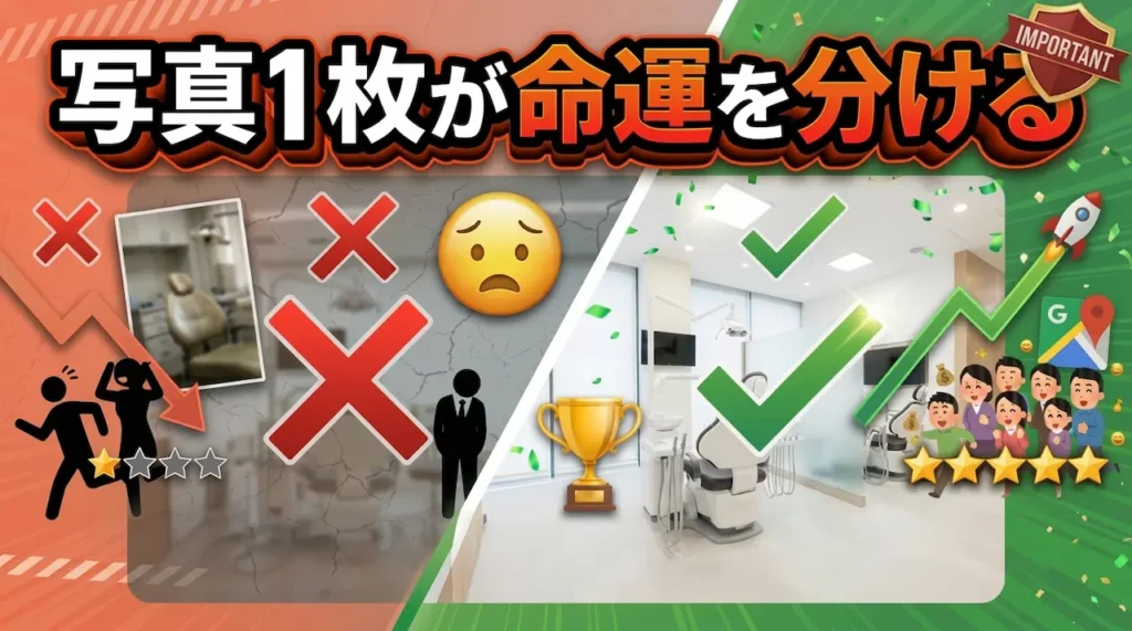 歯科医院のNG写真とOK写真の比較で来院判断への影響を示す図解