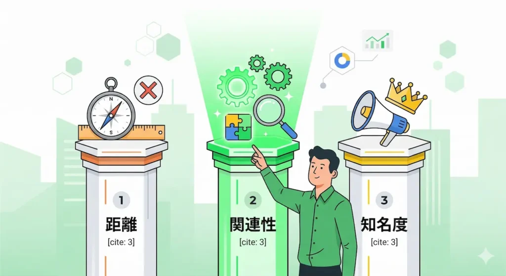 Googleマップの検索順位を決める3つの評価軸（距離・関連性・知名度）の図解