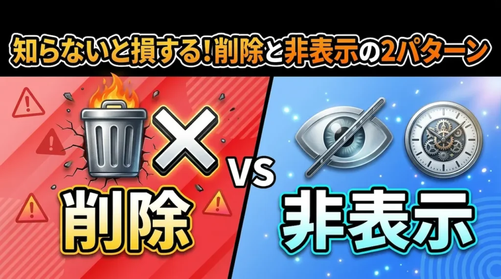 Google口コミの削除と非表示の2パターンを赤と青で視覚的に対比したアイキャッチ画像