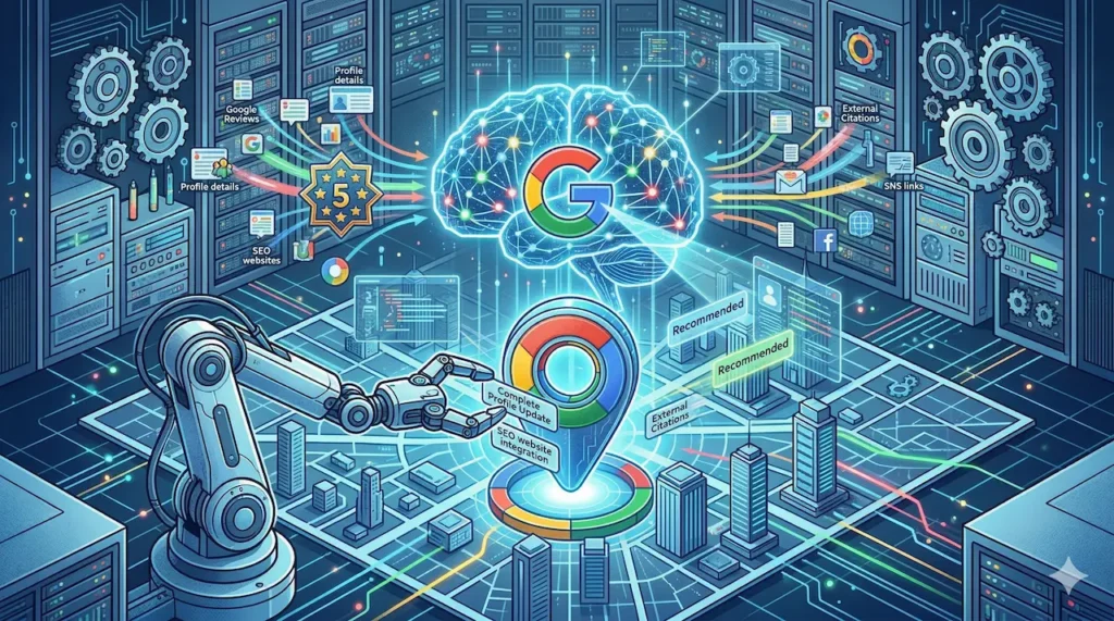 AIに推薦される店舗になるための、LLMO（AI最適化）を意識したMEO対策を表すテック系イラスト。