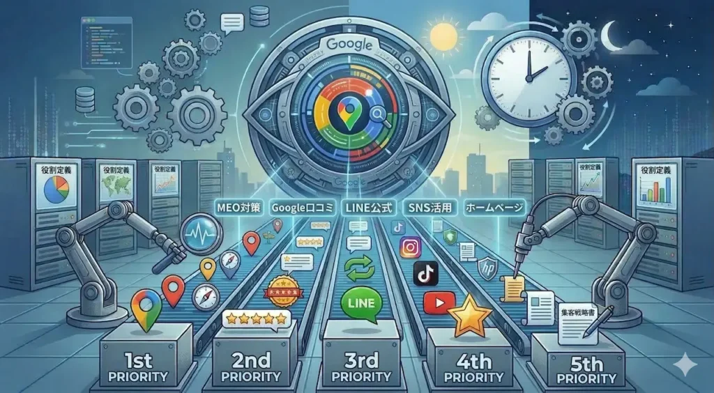 Googleの視点から流れる役割データと、ロボットアームが施策を優先順位順に並べる戦略的集客イラスト
