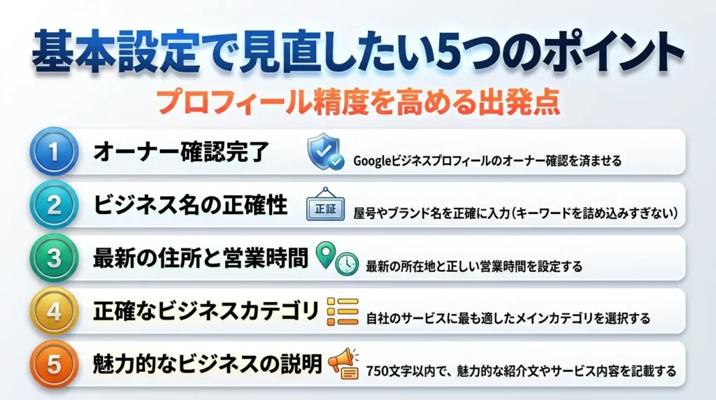 MEO対策の基本設定で見直したい5つのポイント - プロフィール精度を高める出発点