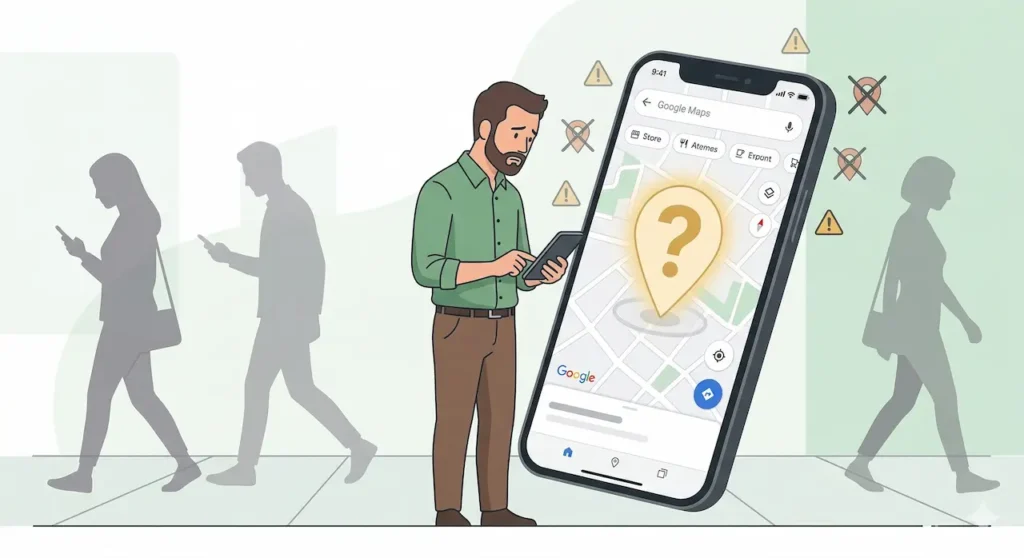 MEO対策で順位が上がらない原因と自己流運用の見えない機会損失のイメージ図