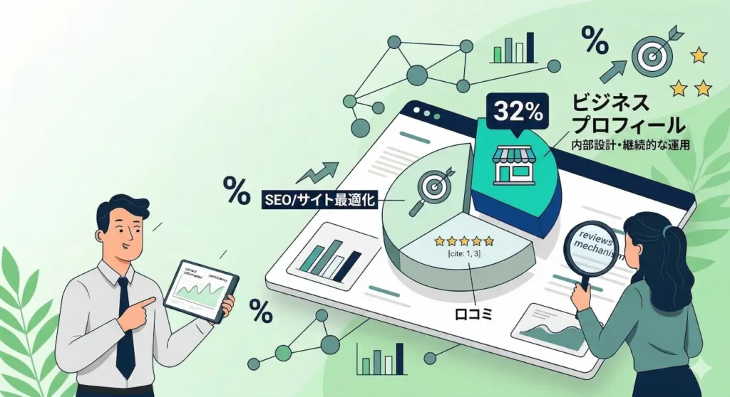 MEO対策の評価基準と検索順位を決める要因の内訳グラフ（ビジネスプロフィールが32%）