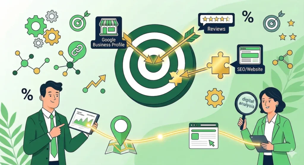 MEO対策の検索順位を上げる「関連性」を高める5つの重要要素の図解