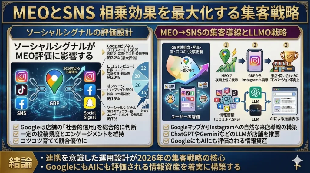 MEOとSNSの相乗効果。社会的信用評価とLLMO戦略でAI推薦を狙う。2026年集客。図解。