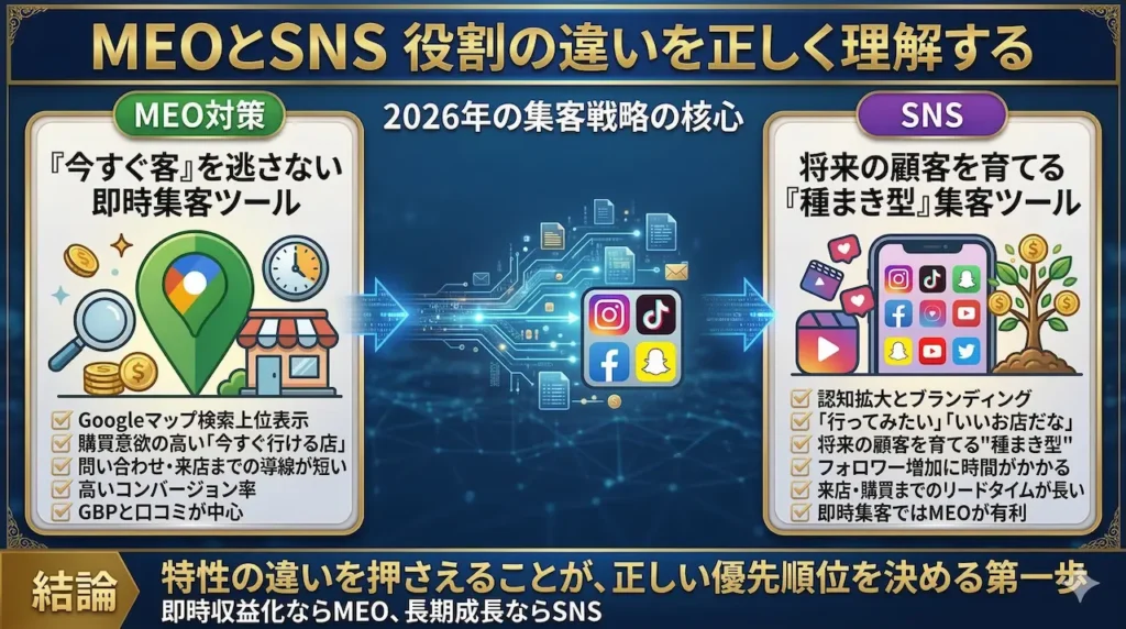 MEOとSNSの相乗効果。社会的信用向上とLLMO戦略でAI推薦を狙う集客戦略。図解。