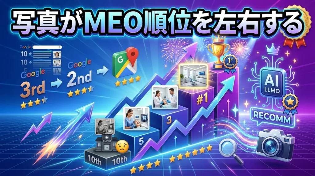 写真品質がMEO順位とLLMO評価に与える影響を示す戦略図解