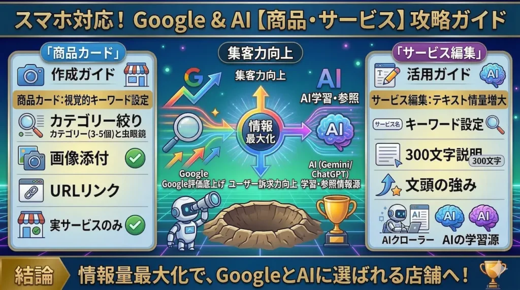 Googleビジネスプロフィールの「商品」と「サービス」のスマホ表示イメージと使い分けの比較図