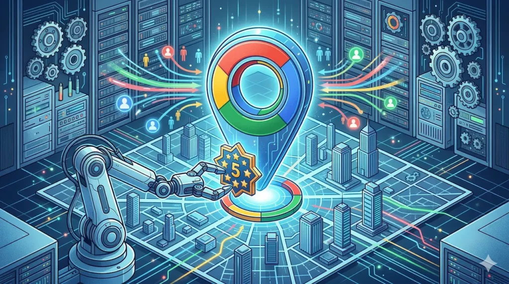 店舗集客の最優先施策であるMEO（マップ最適化）と口コミの相乗効果を表すテック系イラスト。